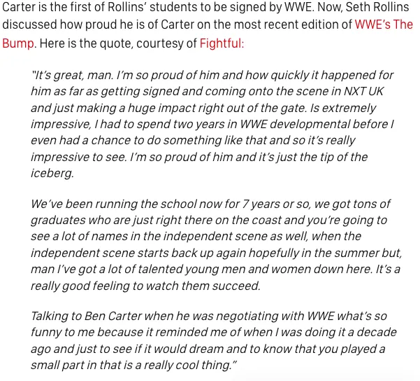 Seth Rollins&rsquo; quote about Ben Carter aka Nathan Frazer