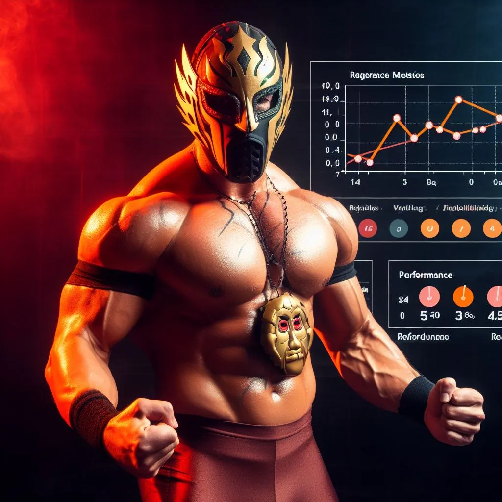 Masked pro wrestler posing in front of a performance dashboard