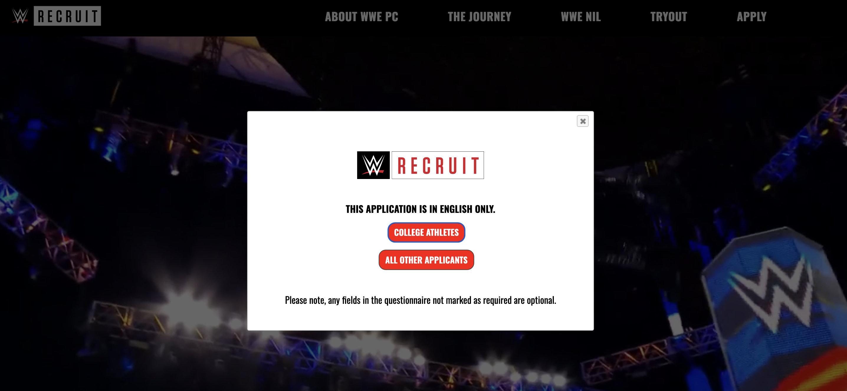 WWE Performance Center application page with options for college athletes and general applicants.