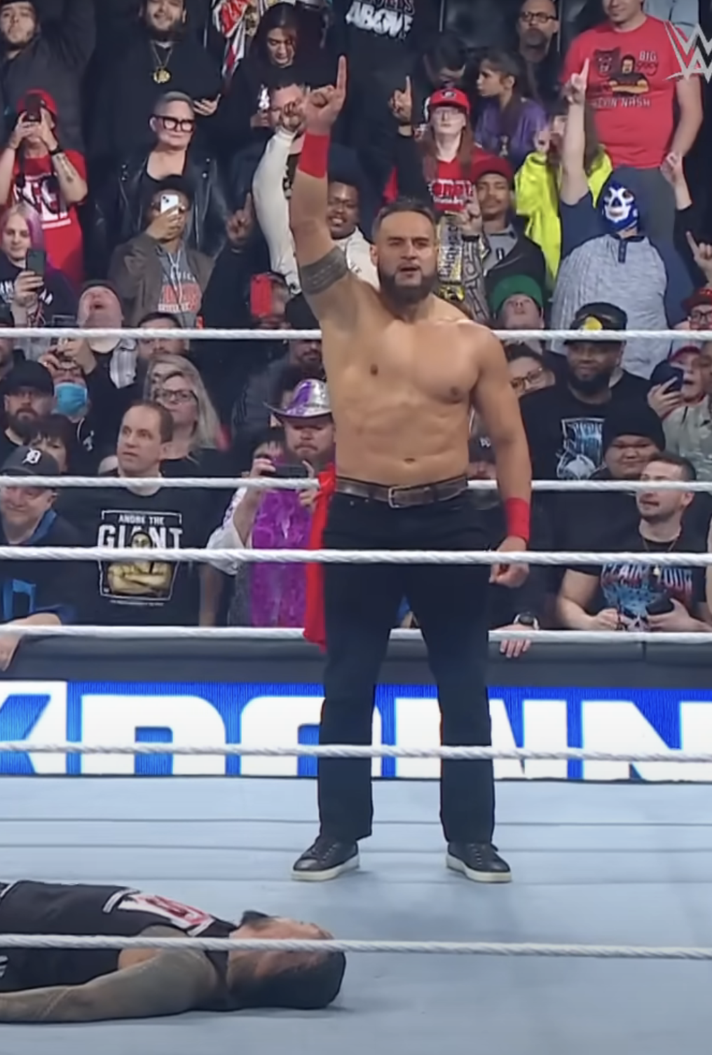 Tama Tonga making his WWE Smackdown debut wiping out Jimmy Uso